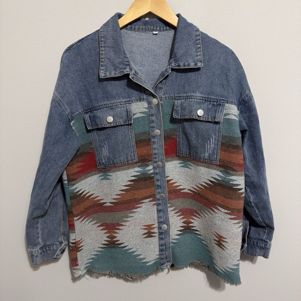 Denim Southwestern Jacket Colorful Blanket Weave Oversize Aztec M Fringe Bottom